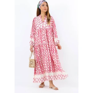 Prive Kadın Soft Pembe %100 Viskon Maksi Boy Balon Kol Uzun Yazlık Elbise