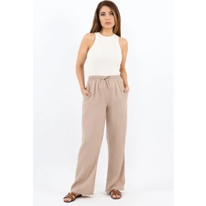Kadın Keten Comfy Bej Düz Kesim Bel Lastikli Pantolon
