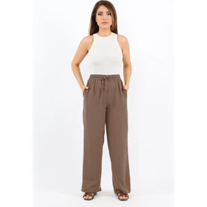 Kadın Keten Comfy Kahve Düz Kesim Bel Lastikli Pantolon