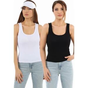 Kadın Cotton Premium 2’li Set Beyaz Siyah Pamuklu Basic Fitilli Atlet