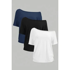 Lacivert Beyaz Siyah 3lü Paket Kadın Düşük Omuz Kayık Yaka Oversize T-Shirt