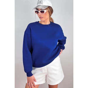 Kadın Cozy Içi Polarlı Saks Mavi Basic Bisiklet Yaka Pamuklu Kalın Örme Sweatshirt