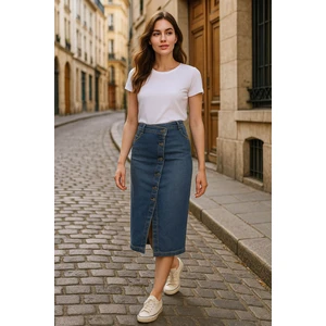 Banny Jeans Önü Yan Düğmeli Midi Boy Likralı Lacivert Jean Etek