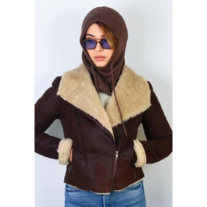Kadın Ipli Kahverengi Balaclava Triko Bere / Başlık
