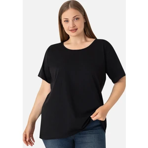 Kadın Siyah Büyük Beden Bisiklet Yaka Pamuklu Likralı Esnek Kısa Kollu Tişört