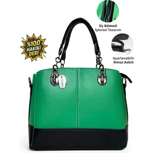 Kadın Siyah Hakiki Deri El ve Omuz Çantası Zincir Detaylı