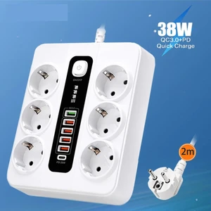 6 Adet Akıllı Bkl Priz Akım Korumalı, 5 USB ve 1 Type-C Pd 20W Bağlantılı 2 Metre Kablolu