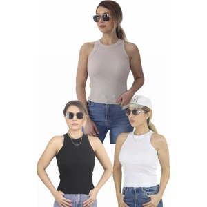 Kadın 3'lü Premium Pamuklu Fitilli Atlet Beyaz, Siyah, Bej