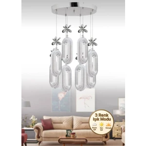 Alfa LED 8'li Krom 3 Renk Modu Ledli Kristal Taşlı Modern LED Avize