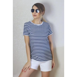 Kadın Lacivert Beyaz Çizgili Basic T-Shirt