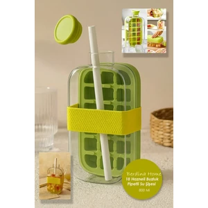 Otomatik Basmalı 18 Hazneli Buz Kalıbı ve Pipetli Su Şişesi 800 ml Kapaklı Buzluk