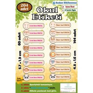 Ayza Tasarım Kişiye Isme Özel Okul Etiketi Isim Etiketi Kalem Defter Etiketi Sticker Hayvan Figürlü Isimli Etiket