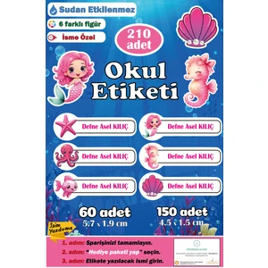 Ayza Tasarım Isme Özel Okul Etiketi Kalem Defter Etiketi Sticker Kız Erkek Çocuk Deniz Canlıları Isim Etiketi