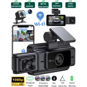 S-15 Wi-Fi Full HD 3 Kameralı Araç İçi Güvenlik Kamerası 64GB – IR Gece Görüşü, Ön-Arka-İç Kayıt,DashCam