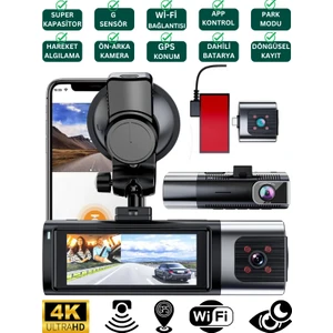 K17 4K UHD WiFi GPS Araç İçi Kamera 128GB Dahil IR Gece Görüş, Çift Lens (Ön-Arka-İç) Dashcam Kayıt