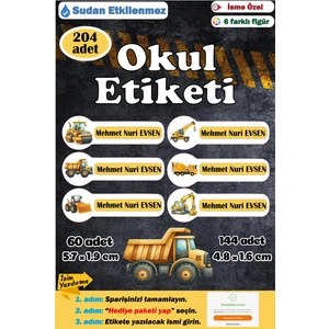 Ayza Tasarım Isme Özel Okul Etiketi Kalem Defter Etiketi Sticker Erkek Çocuk Iş Makinaları Isim Etiketi