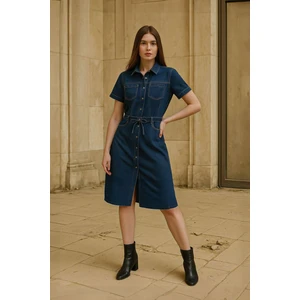 Kadın Kemer Detaylı Düğmeli Kısa Jean Elbise