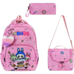 Labubu Ilkokul Çantası 3'lü Set 42*30 cm Beslenme Çantası Kalem Kutusu Ortopedik Su Itici Kumaş