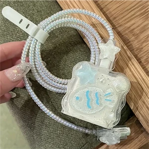 18W/20W Apple iPhone Uyumlu Incili Mavi Balık Şarj Aleti Koruyucu Şarj Kablosu Örme Aparatlı Koruyucu Toparlayıcı