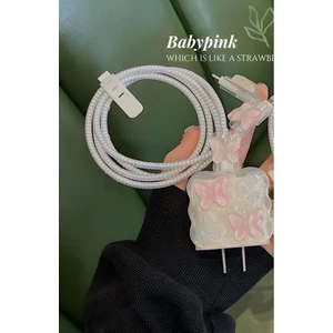 18W/20W Apple iPhone Uyumlu Pembe Kelebek Şarj Aleti Koruyucu Şarj Kablosu Örme Aparatlı Koruyucu Toparlayıcı