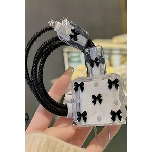 18W/20W Apple iPhone Uyumlu Siyah Fiyonk Şarj Aleti Koruyucu Şarj Kablosu Örme Aparatlı Koruyucu Toparlayıcı