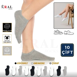 Kral Socks Erkek - Kadın Düz Desen (10 Çift) Snikers Pamuklu Terletmez Çorap