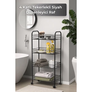 4 Katlı Siyah Tekerlekli Banyo Rafı, Mutfak Rafı, Deterjanlık, Sebzelik, Makyaj Çok Amaçlı Organizer