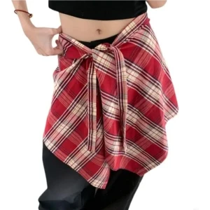 Vintage Harajuku Ekoseli Gömlek Genişletici Hong Kong Tarzı Etek