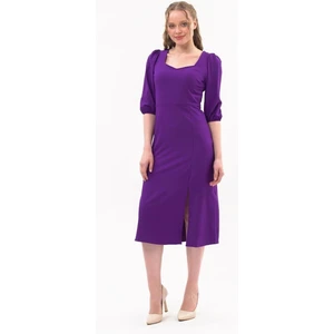 Kadın Mor Yırtmaç Detaylı Beşgen Yaka Midi Krep Elbise 4444-120