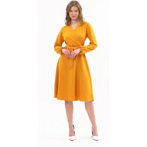 Kadın Hardal Bağlama Detaylı Kruvaze Yaka Midi Boy Elbise 4338-110