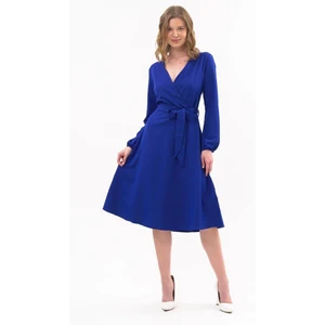 Kadın Saks Bağlama Detaylı Kruvaze Yaka Midi Boy Elbise 4338-110