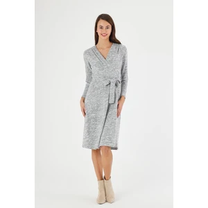 Kadın Gri Renk Kruvaze Yaka Bağlama Detaylı Midi Kışlık Elbise 4451-110