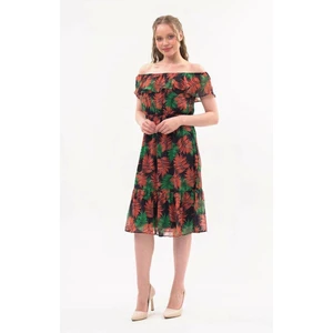 Kadın Desenli Madonna Yaka Midi Şifon Elbise 4448-115