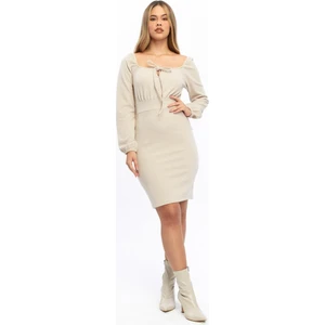 Kadın Bej Vücuda Oturan Kışlık Örme Yaka Bağlama Detaylı Elbise 4499-95