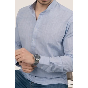 Açık Mavi Hakim Yaka Keten Üç Düğmeli Erkek Gömlek