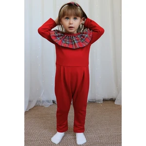 Parla Kids Kız Çocuk Kırmızı Ekose Yakalı Çıtçıt Detaylı Yılbaşı Tulum Salopet