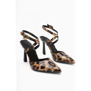 Elsi Leopar Desenli Bilekten Bağlamalı Kadın Topuklu Ayakkabı