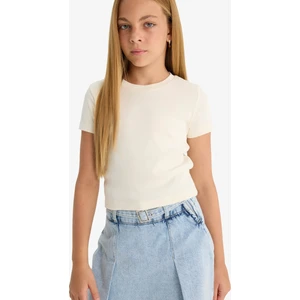 Kız Çocuk Slim Fit Dar Kesim Bisiklet Yaka Ribana Basic Düz Kısa Kollu Tişört B3054A824SM