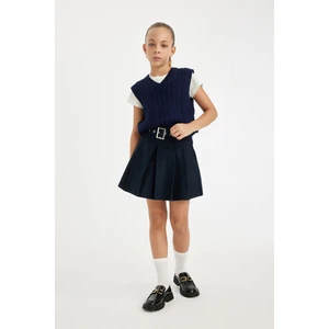 Kız Çocuk Kemerli Gabardin Pileli Okul Eteği D3214A824WN
