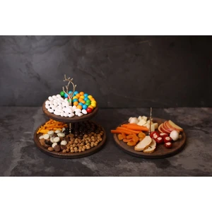 2 Katlı ve Tek Katlı Gümüş Ağaç Kulp Desenli Kulp Ahşap Sunumluk Standı, Servis Sunum Tabağı,