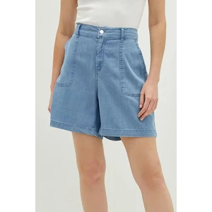Kadın Yüksek Bel Açık Mavi Jean Etek Görünümlü Şort – Cepli, Rahat Kesim Yazlık Denim