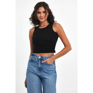 Kadın Siyah Fitilli Görünümlü Askılı Kalın Esnek Örme Basic Crop Atlet Bluz
