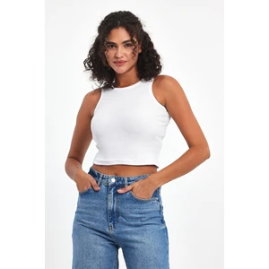 Kadın Beyaz Fitilli Görünümlü Askılı Kalın Esnek Örme Basic Crop Atlet Bluz