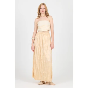 Açık Bej Bel Lastikli Kırışık Kumaş Etek 3483