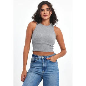 Kadın Gri Fitilli Görünümlü Askılı Kalın Esnek Örme Basic Crop Atlet Bluz