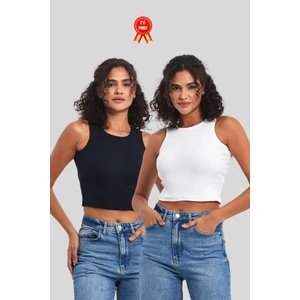 Kadın Siyah-Beyaz Fitilli Görünümlü Askılı Kalın Esnek Örme 2'li Basic Crop Atlet Bluz