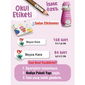 Okul Etiketi SUDAN ETKİLENMEZ, Kalem Defter Etiketi Deniz Kızı Temalı Özel Isim Yazılabilen Etiket - 252ADET