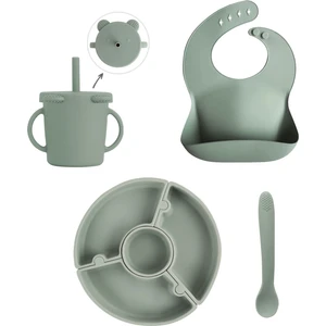 Meleni Baby 4'lü Silikon Beslenme Seti - Yapboz Puzzle Mama Tabağı Önlük Pipetli Bardak Diş Kaşıyıcı Kaşık Yeşil