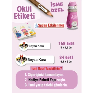 Okul Etiketi SUDAN ETKİLENMEZ, Kalem Defter Etiketi Power Puf Girl Temalı Özel Isim Yazılabilen Etiket - 252ADET