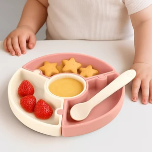 Meleni Baby Puzzle Mama Tabağı Kaşık Seti - Silikon Vakum Tabanlı Yapboz Mama Tabağı Silikon Kaşık - Pembe Bej